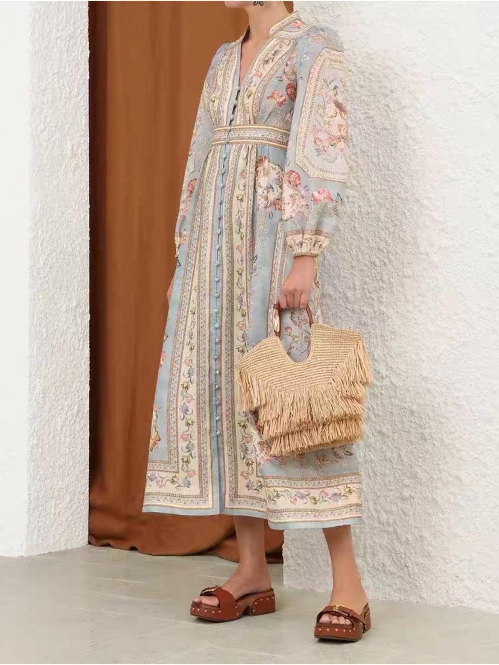 Zimmermann Bohemian Floral Midi Dress in Light Blue
